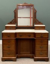 WHITE MARBLE TOP MAHOGANY MIRRORED DRESSING CHEST circa 1900, the central rectangular mirror on