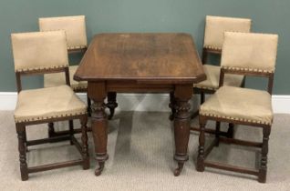 VICTORIAN MAHOGANY SMALL DINING TABLE & FOUR LATER OAK DINING CHAIRS with rexine backs and seats,