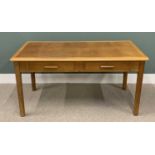 ABBESS 482 PRODUCT MID CENTURY ELM TWO-DRAWER LIBRARY TABLE, original label to the front, stamped to