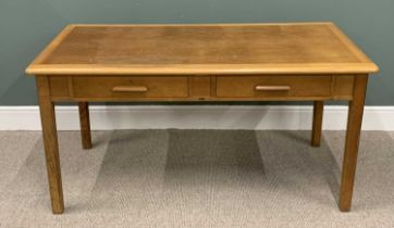 ABBESS 482 PRODUCT MID CENTURY ELM TWO-DRAWER LIBRARY TABLE, original label to the front, stamped to