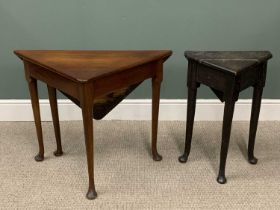 TWO ANTIQUE SINGLE FLAP TRIANGULAR TABLES including a mahogany example, 70cms H, 91cms W, 47cms D (