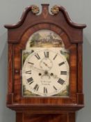 JAMES BURROUGHS IRONBRIDGE INLAID OAK & MAHOGANY LONGCASE CLOCK, hunt scene hand painted arched