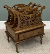 REPRODUCTION WALNUT CANTERBURY with four fretwork dividing panels, single lower drawer with turned