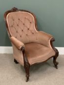 GOOD SPOON-BACK ARMCHAIR, with button back and carved detail, 103cms H, 75cms W, 55cms seat D