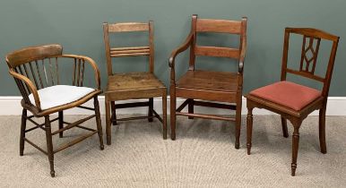 FOUR ANTIQUE & LATER CHAIRS, comprising a mahogany farmhouse elbow chair, 88cms H, 52cms W, 44cms