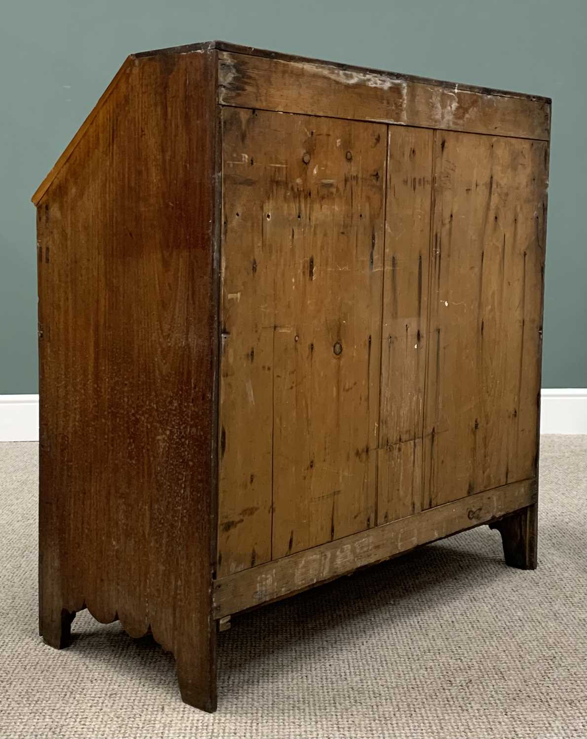 EARLY 19TH CENTURY MAHOGANY FALL FRONT BUREAU, the fall interior having an arrangement of pigeon - Image 6 of 6