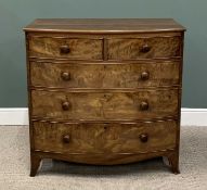 VICTORIAN MAHOGANY BOW-FRONT CHEST OF TWO SHORT OVER THREE LONG OAK LINED DRAWERS, with cockbeaded