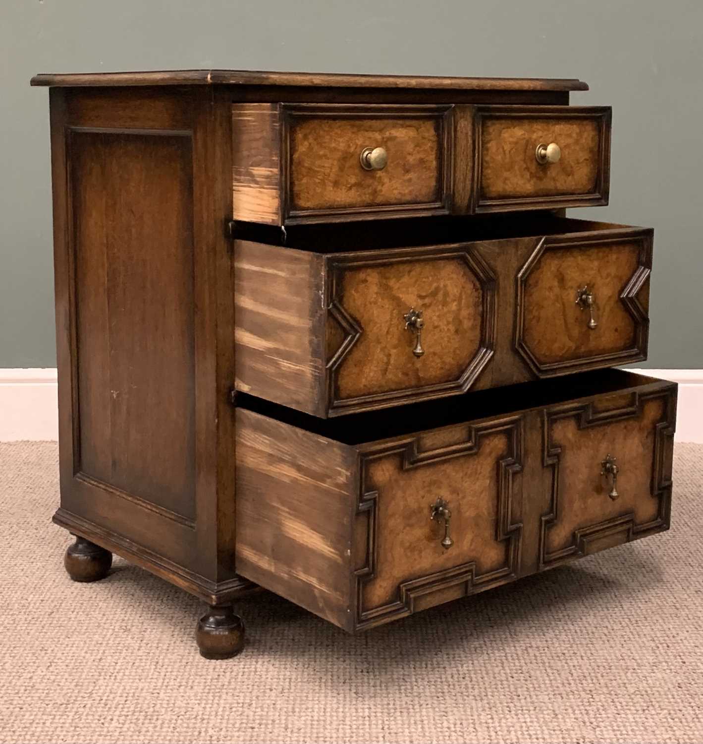 BURR WALNUT & OAK JACOBEAN STYLE CHEST, early 20th Century with interior label for Goodalls - Image 3 of 6