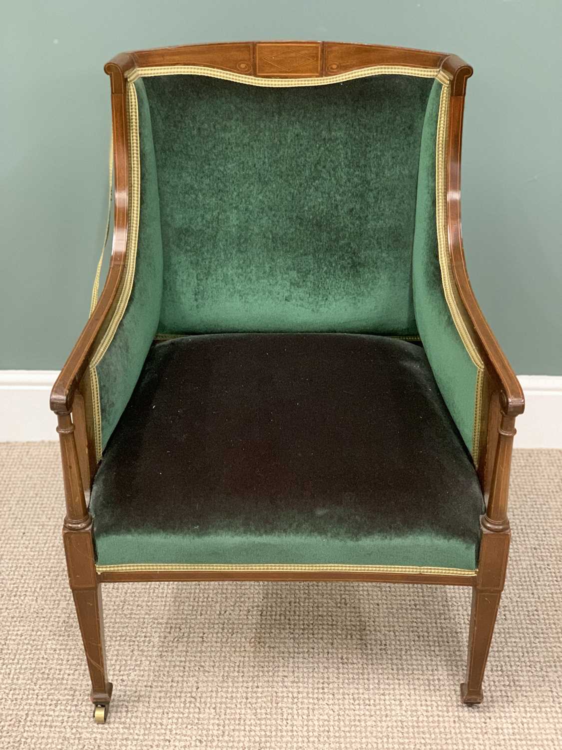 EDWARDIAN INLAID MAHOGANY SALON ARMCHAIR in green velour upholstery, on tapering front supports - Image 2 of 4