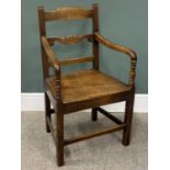 PEG JOINED MAHOGANY ANTIQUE FARMHOUSE ARMCHAIR, circa 1820, with a shaped central back rail and