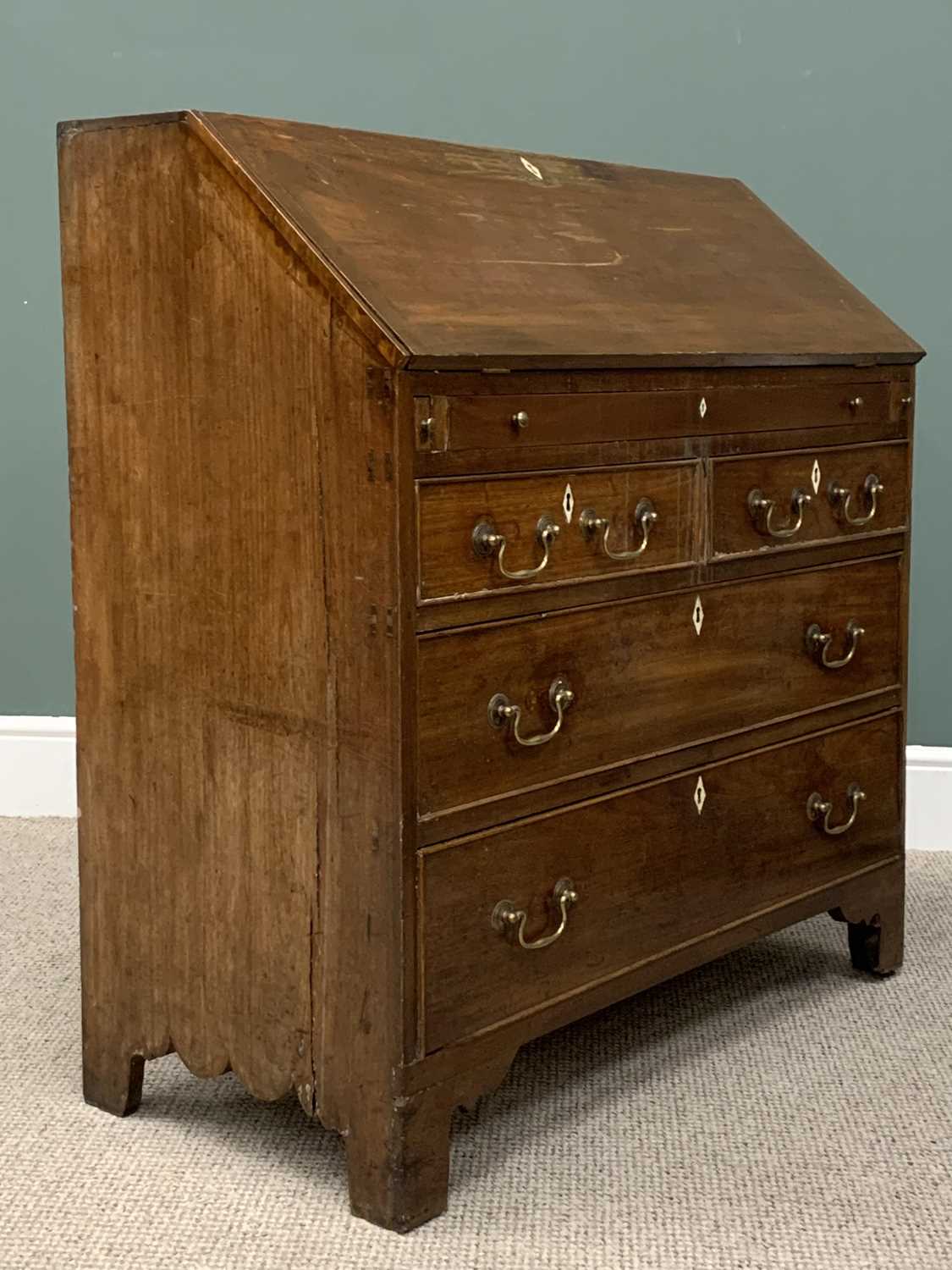 EARLY 19TH CENTURY MAHOGANY FALL FRONT BUREAU, the fall interior having an arrangement of pigeon - Image 5 of 6