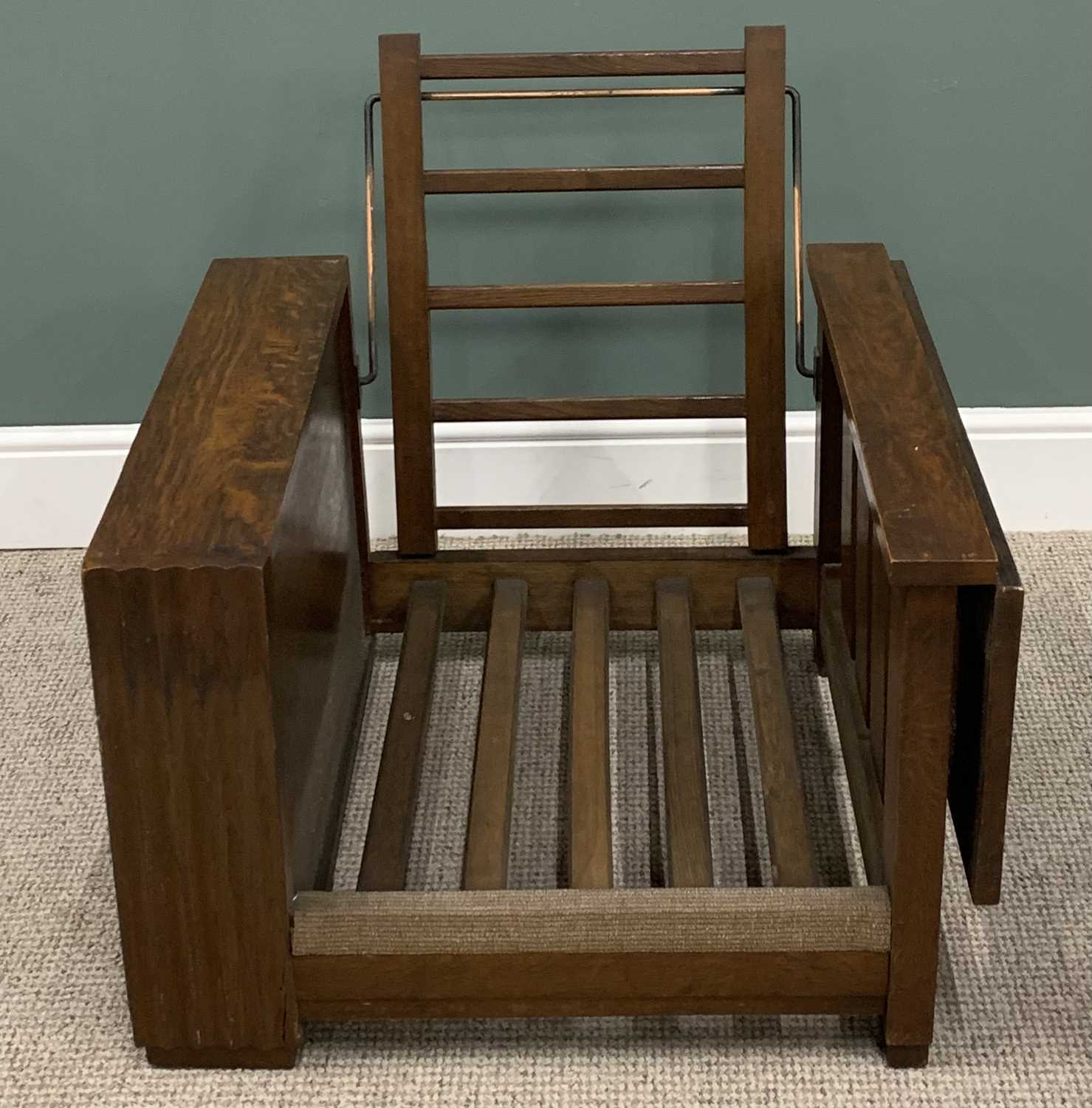 OAK ART DECO LIBRARY ARMCHAIR, having a single flap side table to one side and an open bookcase to - Image 4 of 4