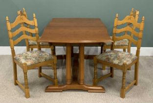 MEREDEW SHAPED TOP EXTENDING DINING TABLE & SET OF FOUR LADDER BACK DINING CHAIRS with upholstered