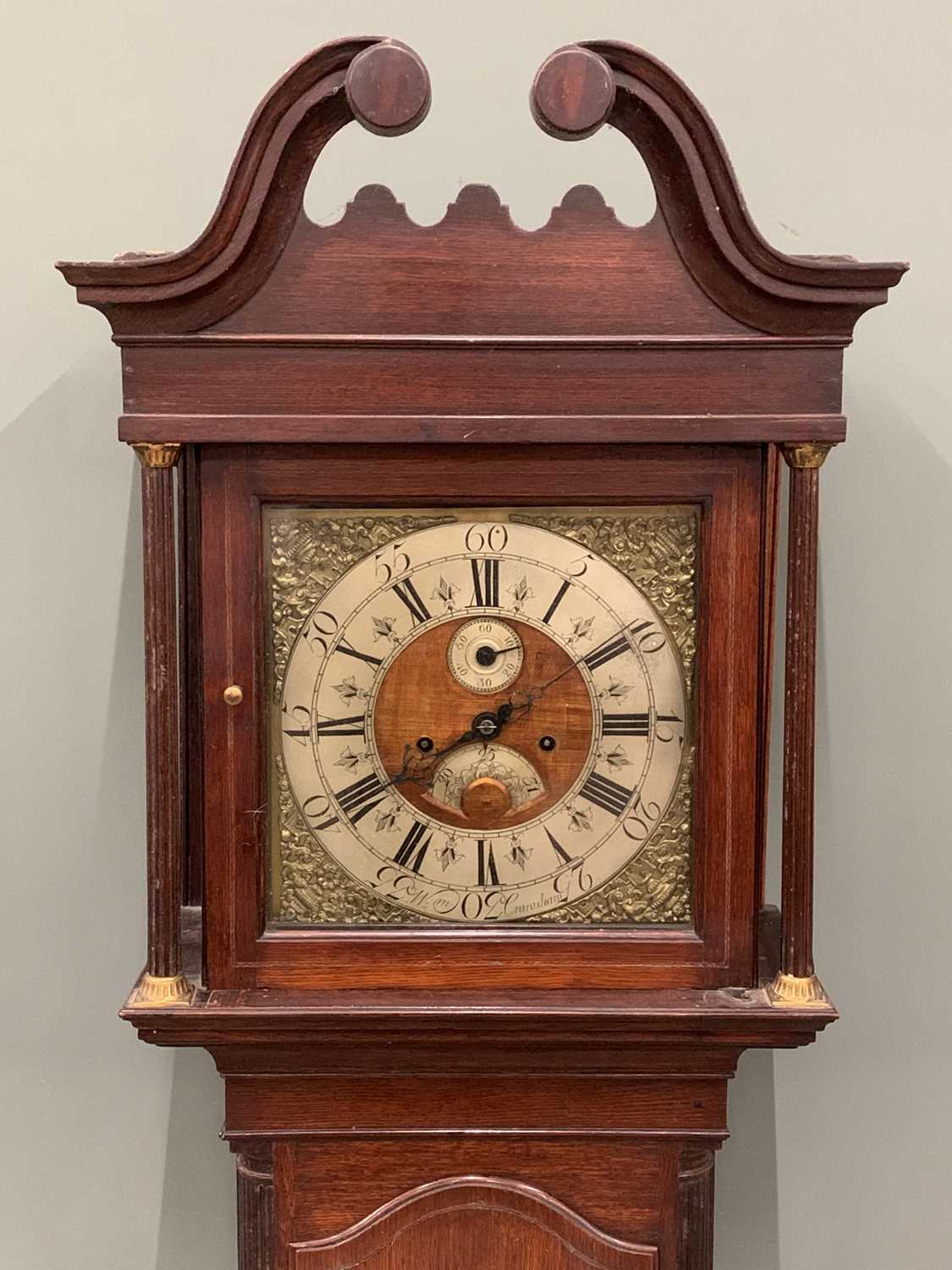 LONGCASE CLOCK circa 1900, 8-day movement, brass face, William Cranshaw, with twin weights, pendulum