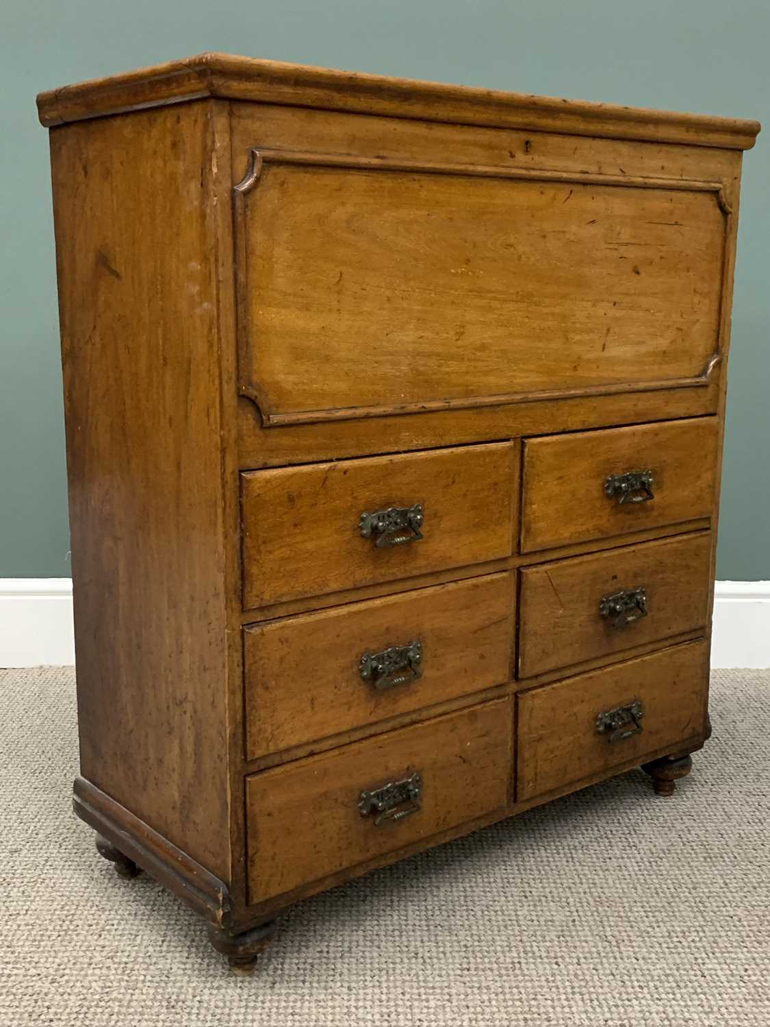 UNUSUAL MAHOGANY MULE CHEST CIRCA 1900, the hinged lidded top opening to reveal a four-section - Image 7 of 8