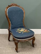 VICTORIAN ROSEWOOD SPOON BACK PARLOUR CHAIR, with tapestry upholstered seat, having leaf carved