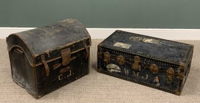TWO VINTAGE STEAMER TRUNKS, a rectangular example in blue with metal mounts, bearing label for