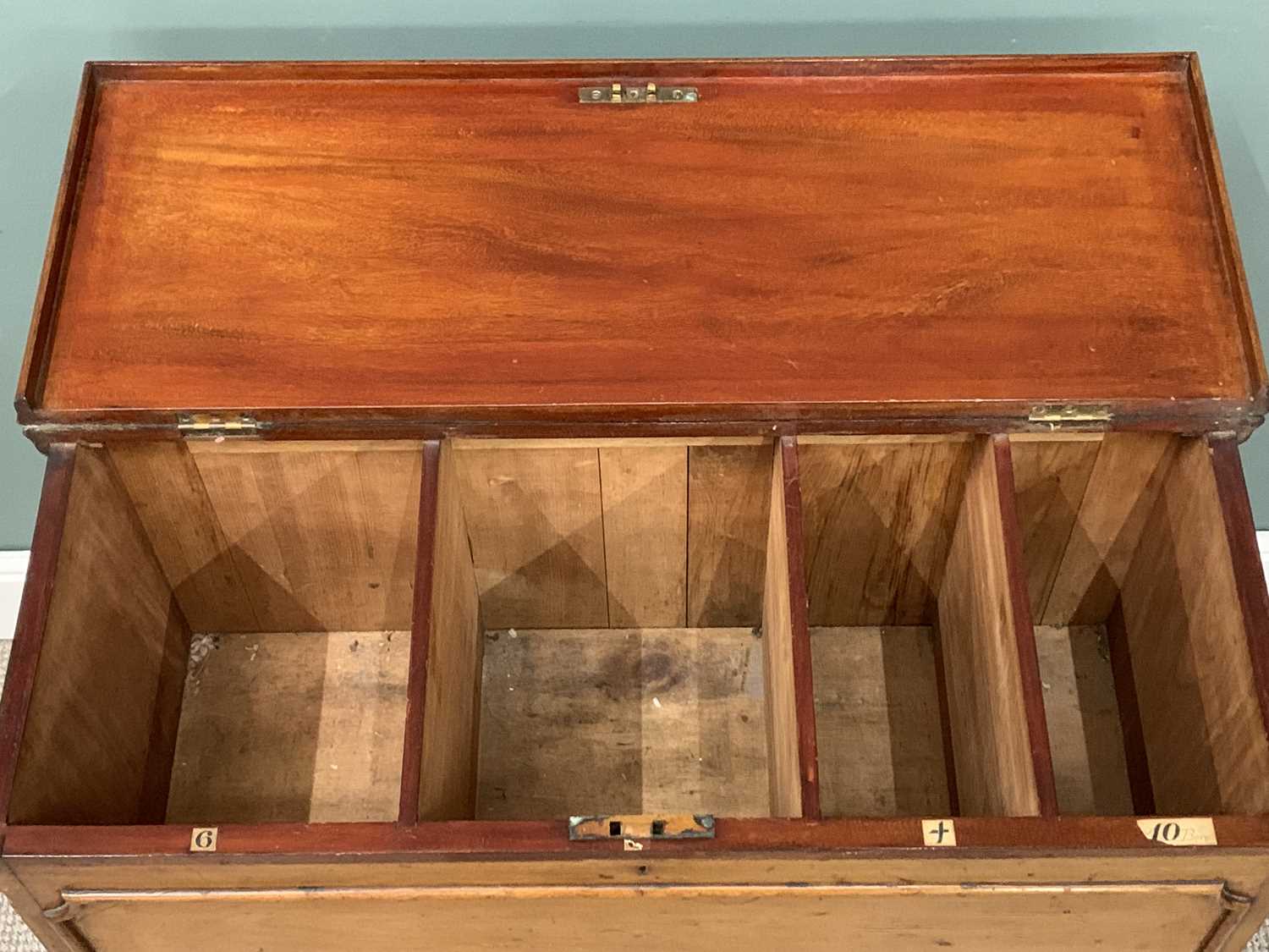 UNUSUAL MAHOGANY MULE CHEST CIRCA 1900, the hinged lidded top opening to reveal a four-section - Image 2 of 8