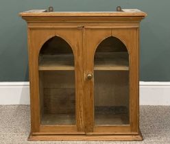 VICTORIAN STRIPPED PINE TWO-DOOR WALL CABINET, panel sided with twin arched glazed doors and