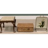THREE VINTAGE FURNISHING ITEMS comprising an antique-style mahogany footstool with drop in