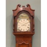 OAK & MAHOGANY LONGCASE CLOCK circa 1840, Newark maker, having an arched top painted dial, depicting