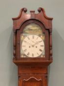 OAK & MAHOGANY LONGCASE CLOCK circa 1840, Newark maker, having an arched top painted dial, depicting