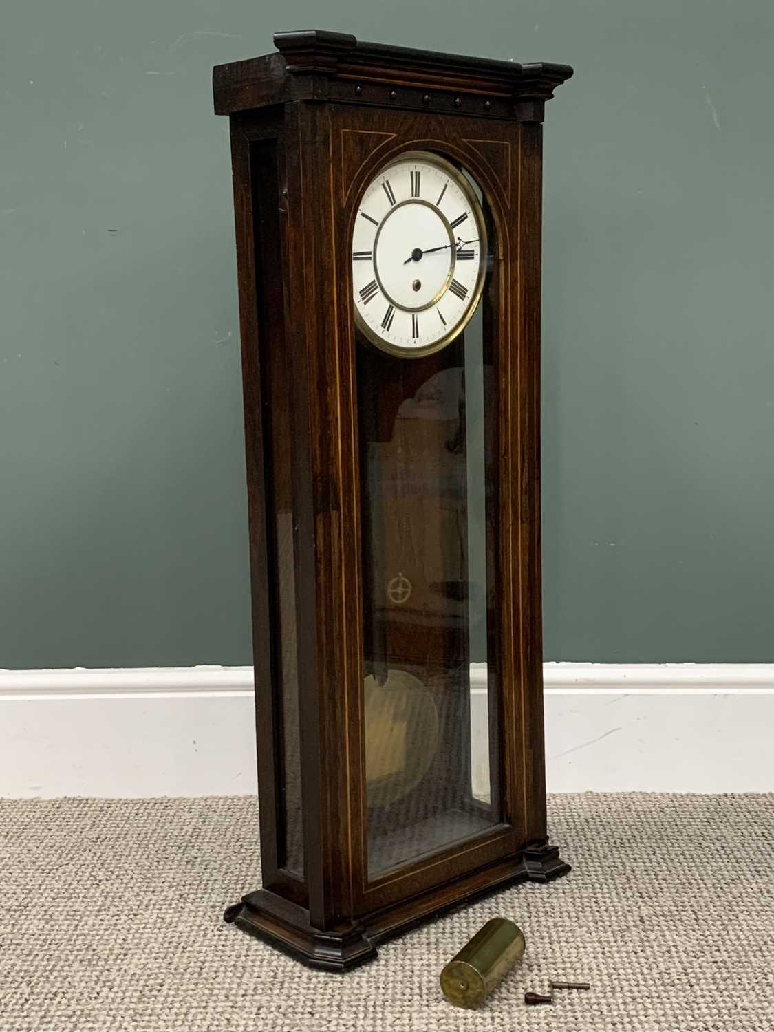 VICTORIAN STRING INLAID ROSEWOOD VIENNA-TYPE WALL CLOCK, the white circular dial set with Roman - Image 2 of 4