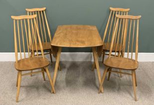 ERCOL LIGHT ELM & BEECH DINING SUITE, comprising a drop leaf dining table on splayed, slightly