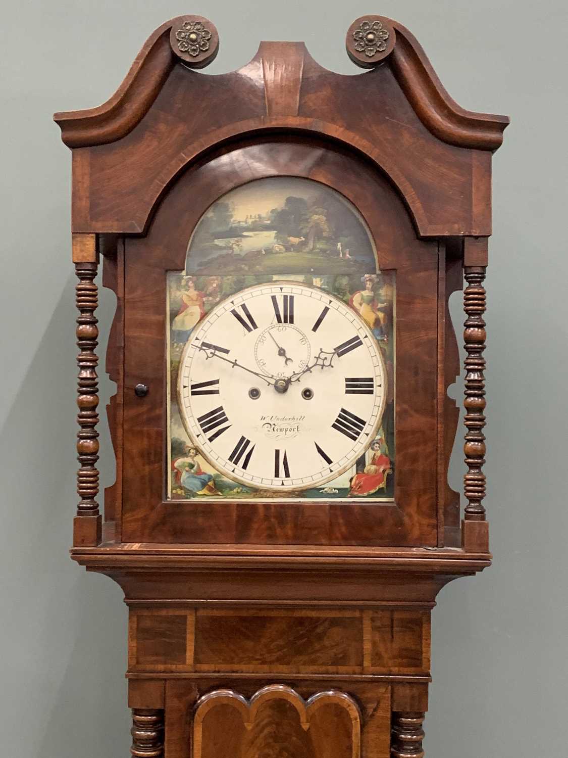 VICTORIAN MAHOGANY LONGCASE CLOCK BY W UNDERHILL, NEWPORT, the arched top dial with painted