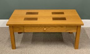 MODERN OAK COFFEE TABLE with inset mahogany detail to the top, single base drawer with turned wooden