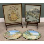 TWO VINTAGE FOLDING FIRESCREENS / TABLES & PAIR OF SIMILAR PERIOD OVAL PRINTS, 79cms H, 56cms W