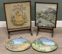 TWO VINTAGE FOLDING FIRESCREENS / TABLES & PAIR OF SIMILAR PERIOD OVAL PRINTS, 79cms H, 56cms W