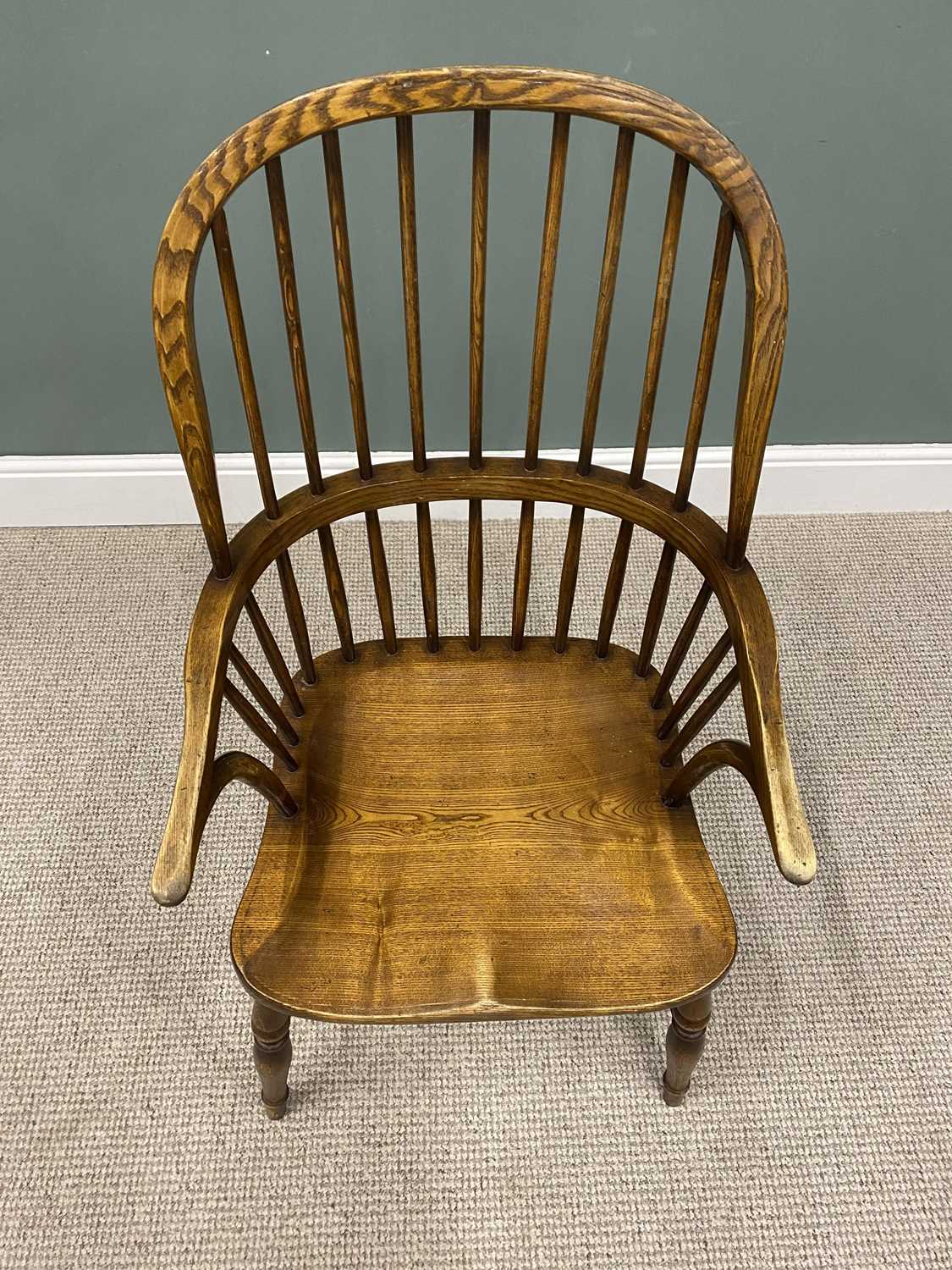 REPRODUCTION ELM WINDSOR ARMCHAIR with crinoline stretcher labelled under the seat 'Carlton - Image 2 of 3