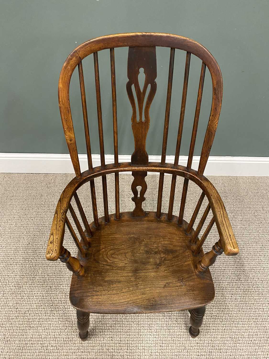ANTIQUE OAK & ELM WINDSOR ARMCHAIR with crinoline stretcher, late 19th Century, having a high hoop - Image 2 of 3