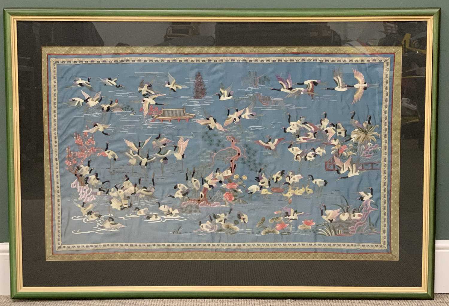 FRAMED CHINESE SILK PANEL worked with a flock of geese over water, overall 90 x 130cms Provenance: - Image 3 of 3