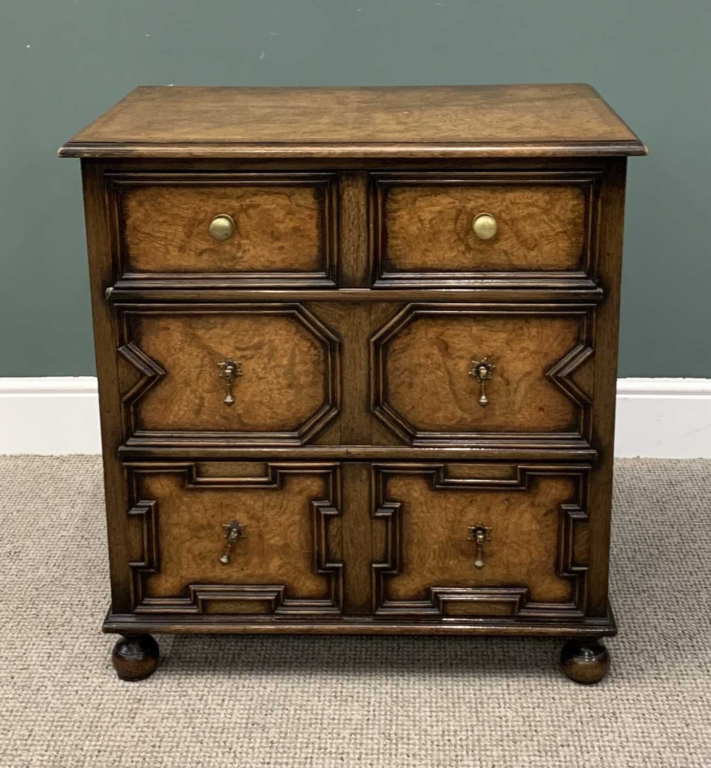 BURR WALNUT & OAK JACOBEAN STYLE CHEST, early 20th Century with interior label for Goodalls