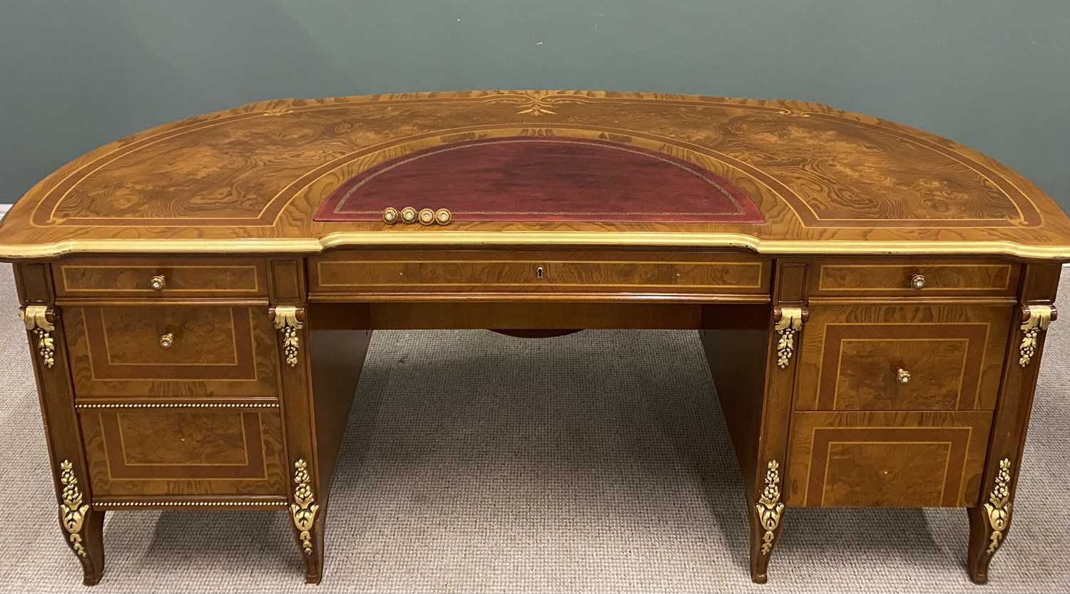 BARNINI OSEO EMPIRE-STYLE DEMI LUNE REGGENZA DESK, the shaped gilt edged top with various inlays - Image 2 of 7