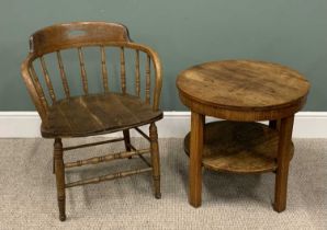 TWO ITEMS OF VINTAGE OAK FURNITURE comprising a spindle back tub-type office chair on turned