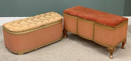 TWO LLOYD LOOM-STYLE BLANKET CHESTS, both having upholstered tops, one having curved ends, 38cms