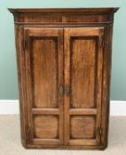 ANTIQUE OAK & MAHOGANY HANGING CORNER CUPBOARD, two doors, having crossbanded and fan inlays to