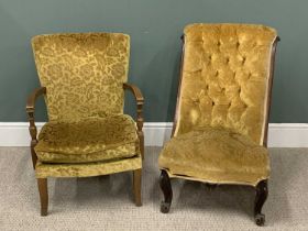 TWO ANTIQUE / VINTAGE UPHOLSTERED PARLOUR CHAIRS in similar gold draylon upholstery, the first being