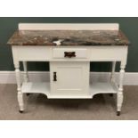 VINTAGE WHITE PAINTED WASHSTAND WITH PINK MARBLED RAILBACK TOP, single frieze drawer and lower