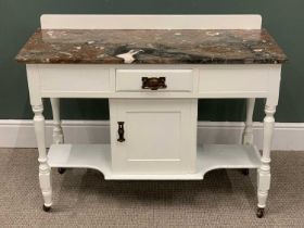 VINTAGE WHITE PAINTED WASHSTAND WITH PINK MARBLED RAILBACK TOP, single frieze drawer and lower