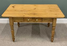 VINTAGE STRIPPED PINE KITCHEN TABLE, the rectangular top having rounded corners above a single
