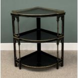 VICTORIAN EBONISED & GILT THREE-TIER CORNER DISPLAY STAND, having a brass galleried top with