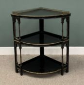 VICTORIAN EBONISED & GILT THREE-TIER CORNER DISPLAY STAND, having a brass galleried top with
