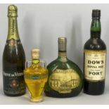 FOUR BOTTLES OF VARIOUS WINES / SPIRITS to include a Dow's Royal Dry Old Tawny port, content at half
