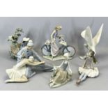 SIX LLADRO FIGURINES, girl on bicycle, 26cms H, ballet dancers, 24cms H, girl seated on bench, 23cms