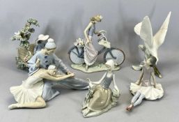 SIX LLADRO FIGURINES, girl on bicycle, 26cms H, ballet dancers, 24cms H, girl seated on bench, 23cms