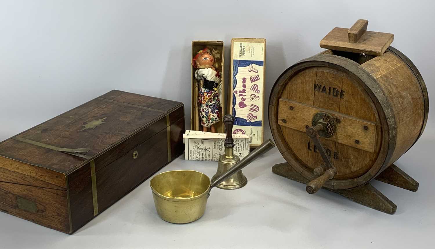 VINTAGE COLLECTABLES GROUP including pine butter churn and cover, early 20th Century, stamped 'Wade,